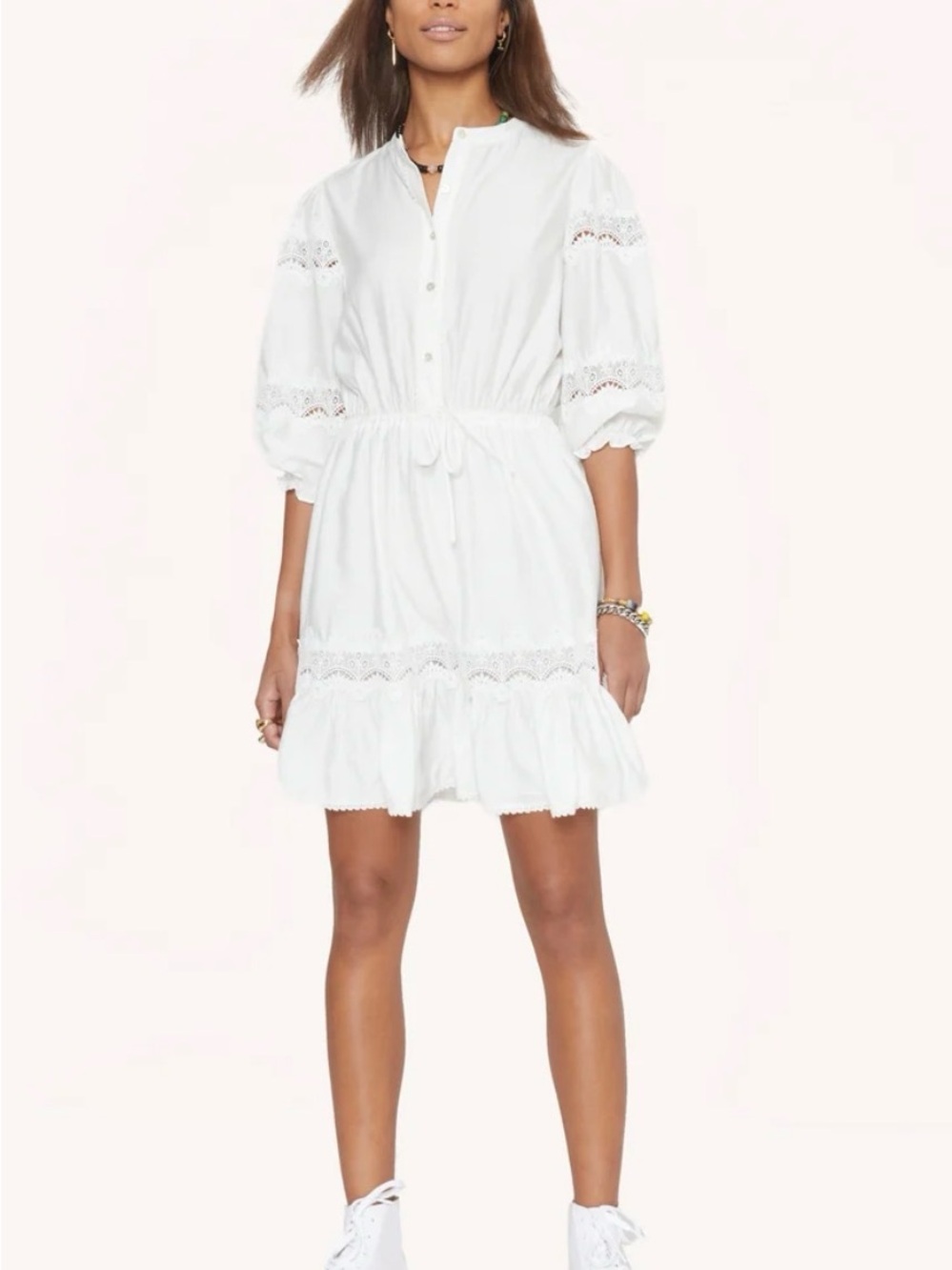 Rebecca Minkoff Elle Dress White Lace Trim Puff Sleeve Mini Dress Size S